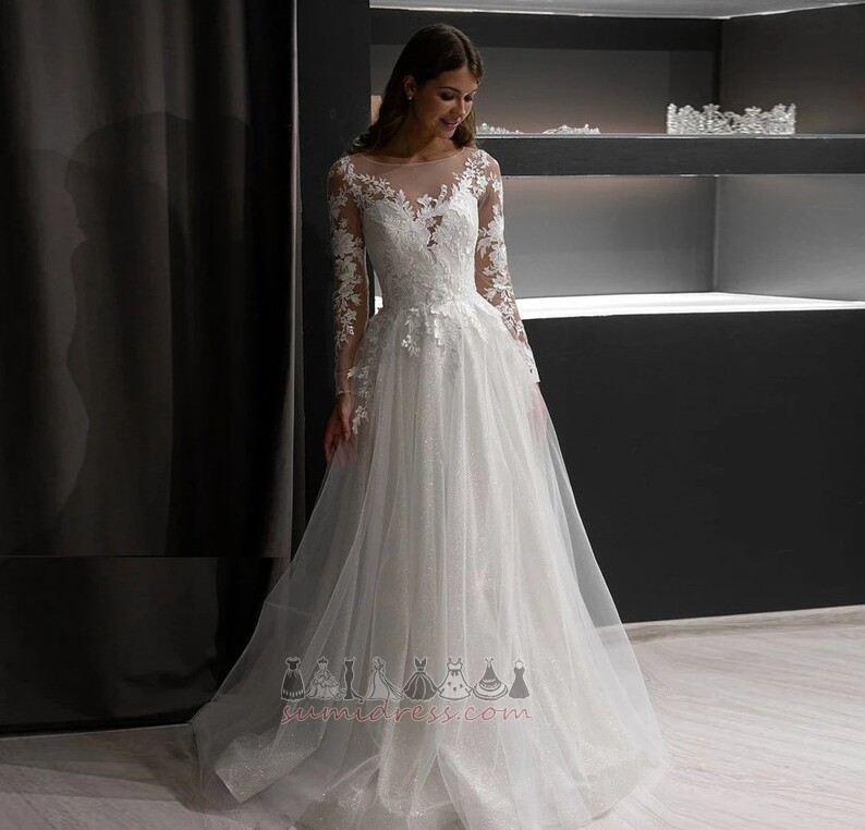 Draped Tulle Sweep Train Outdoor Long Sleeves Natural Waist Wedding Dress