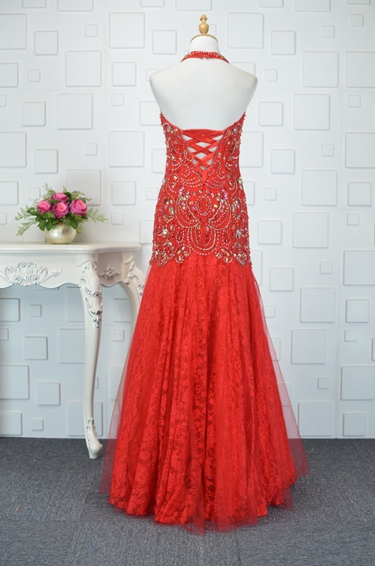 Dropped Waist Beading Spring Floor Length Lace-up Tulle Prom Dress