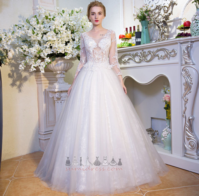 Elegant A-Line Natural Waist Church V-Neck Long Sleeves Wedding Dress