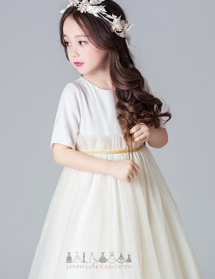 Elegant A-Line T-shirt Floor Length Short Sleeves Draped Flower Girl Dress