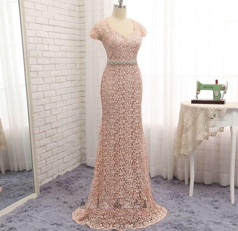 Elegant Accented Bow Sheath Short Sleeves Natural Waist Lace Evening Dress