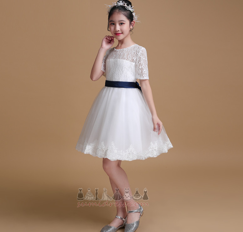 Elegant Bow A-Line Zipper Up Short Sleeves Lace Overlay Flower Girl Dress