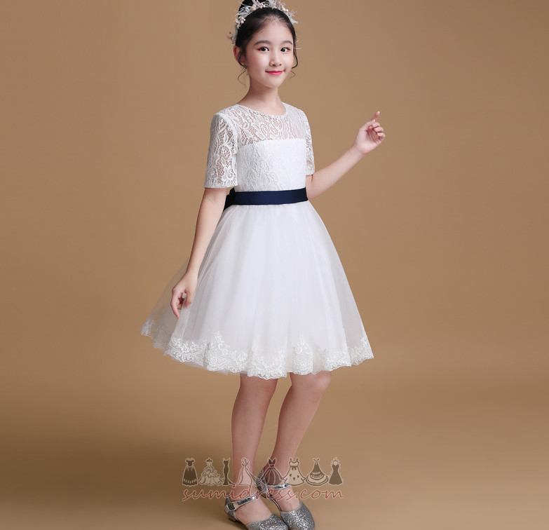 Elegant Bow A-Line Zipper Up Short Sleeves Lace Overlay Flower Girl Dress