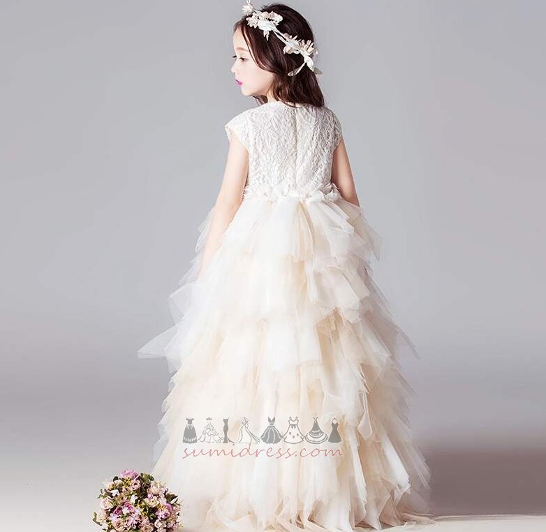 Elegant Capped muffar Golv-längd A-linjeformat Differentierad Spets Blomma flicka klänning