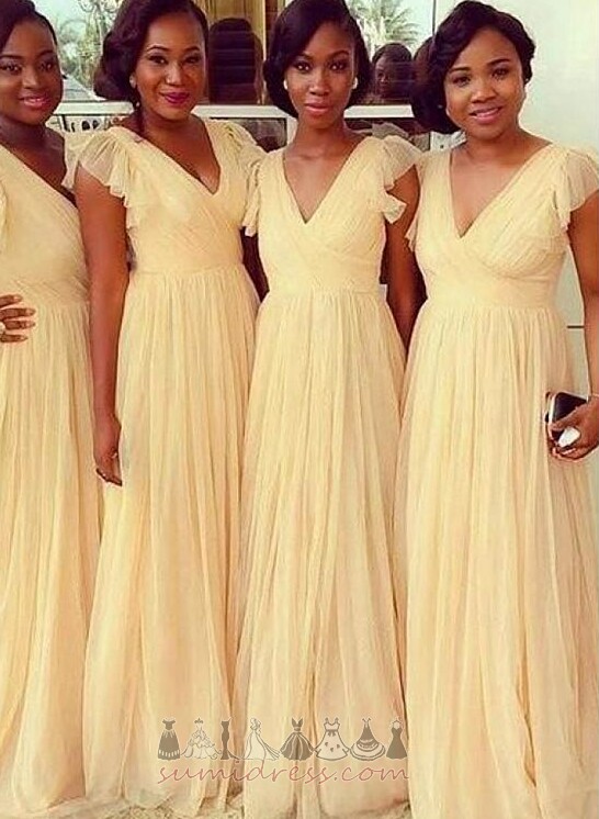 Elegant Chiffon Short Sleeves Natural Waist V-Neck Floor Length Bridesmaid Dress