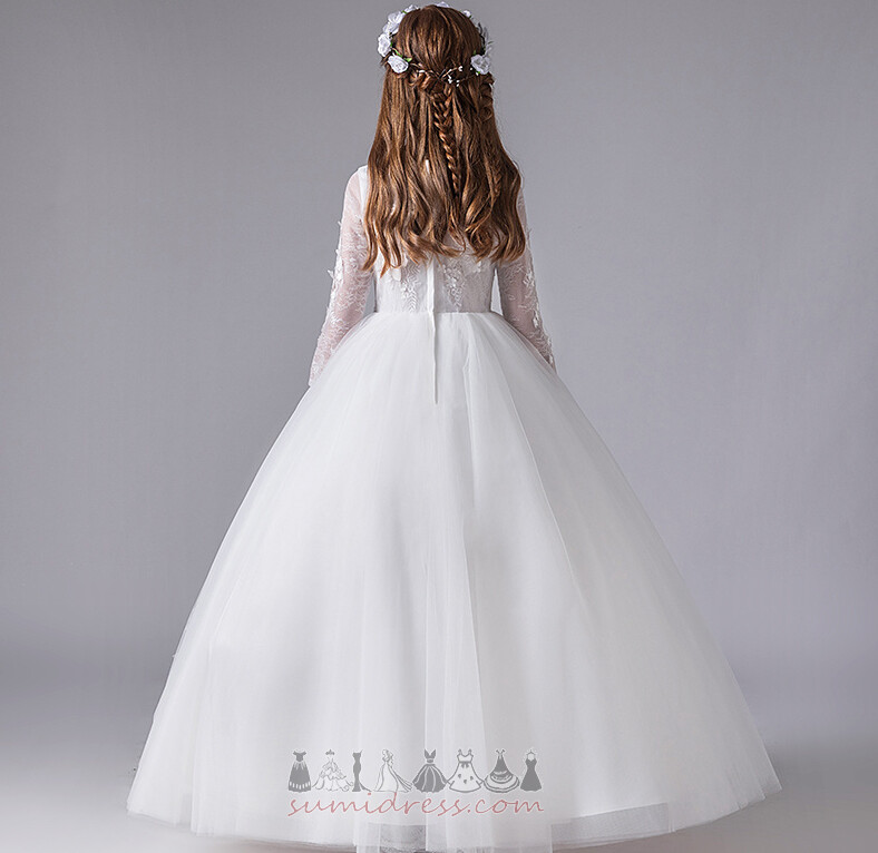 Elegant Floor Length Illusion Sleeves Natural Waist Jewel Lace Flower Girl Dress