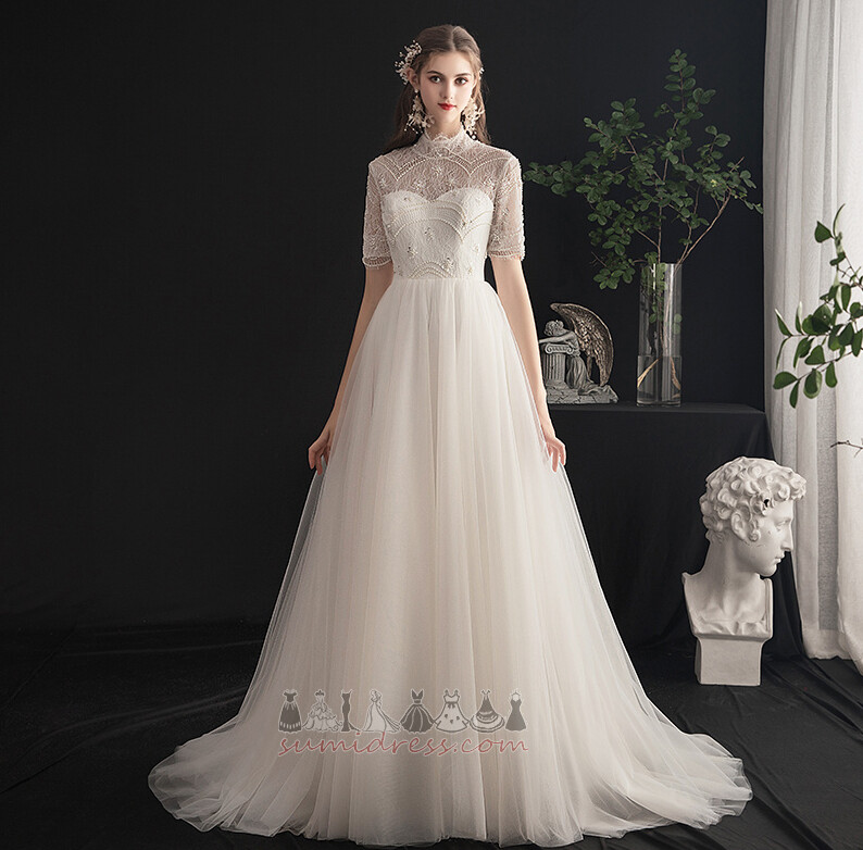 Elegant Medium Tyll Korta ärmar Kapell Tåg Golv-längd Bröllopsklänning