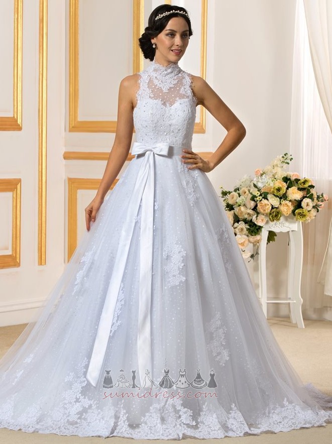 Elegant Rectangle Satin Chapel Train Accented Bow High Neck Wedding Dress