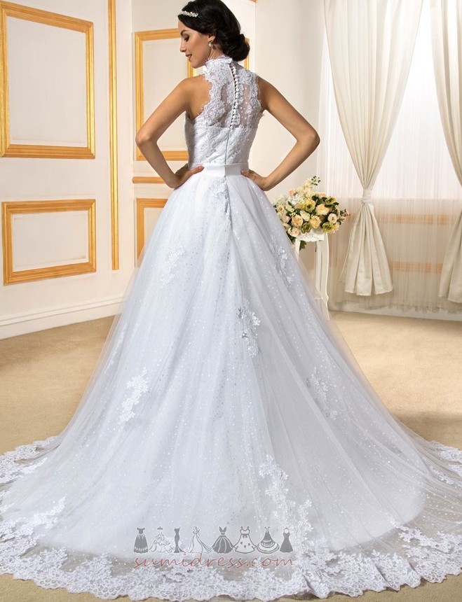 Elegant Rectangle Satin Chapel Train Accented Bow High Neck Wedding Dress