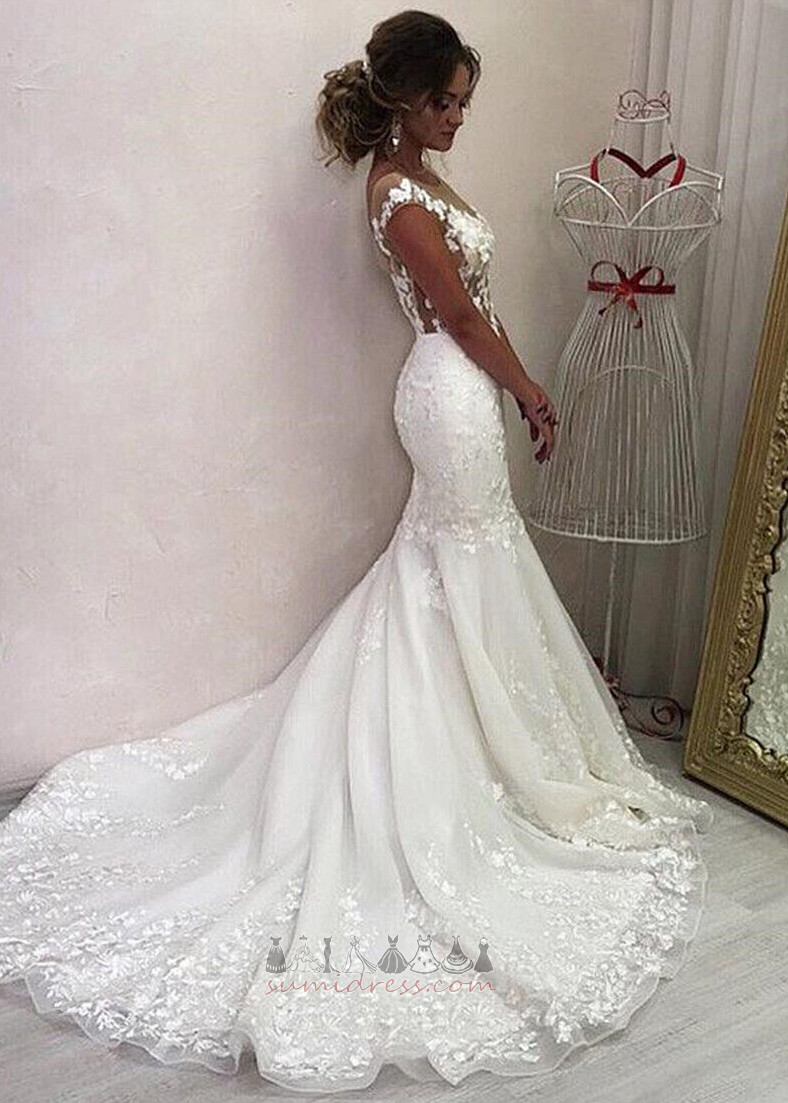 Elegant See Through Capped Sleeves Tulle Off Shoulder Sweep Train Wedding Dress