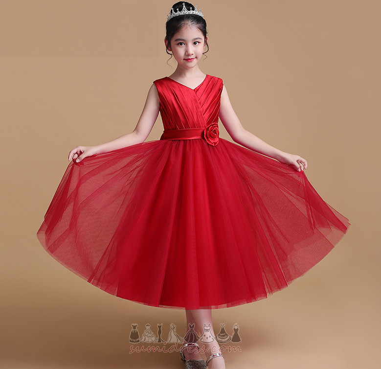 Elegant Tea Length Tulle Natural Waist V-Neck Bow Flower Girl Dress