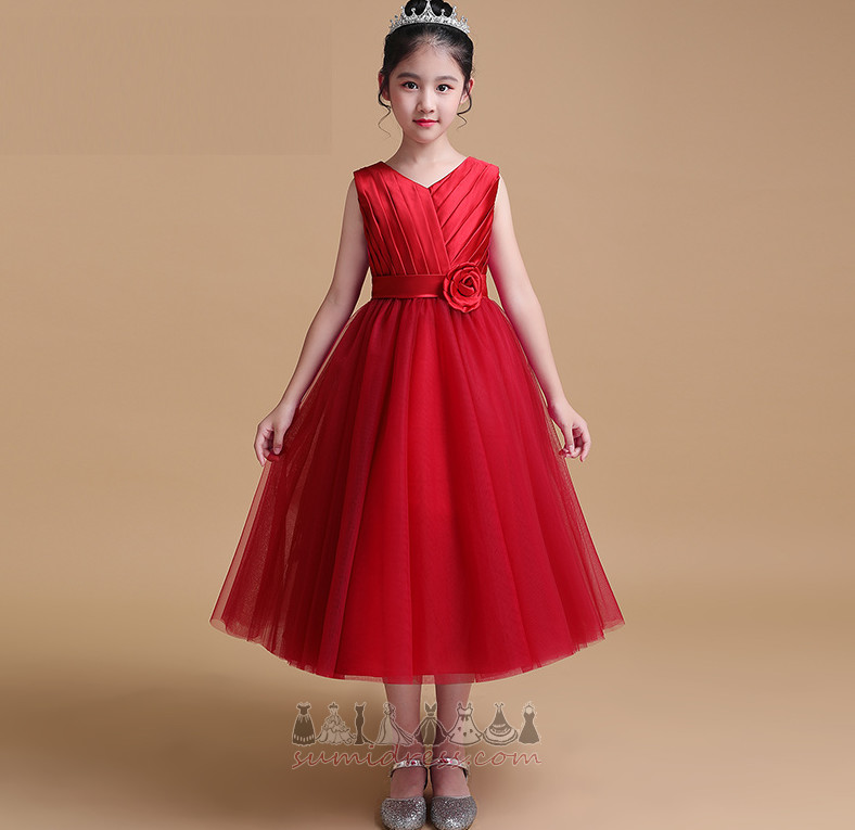 Elegant Tea Length Tulle Natural Waist V-Neck Bow Flower Girl Dress