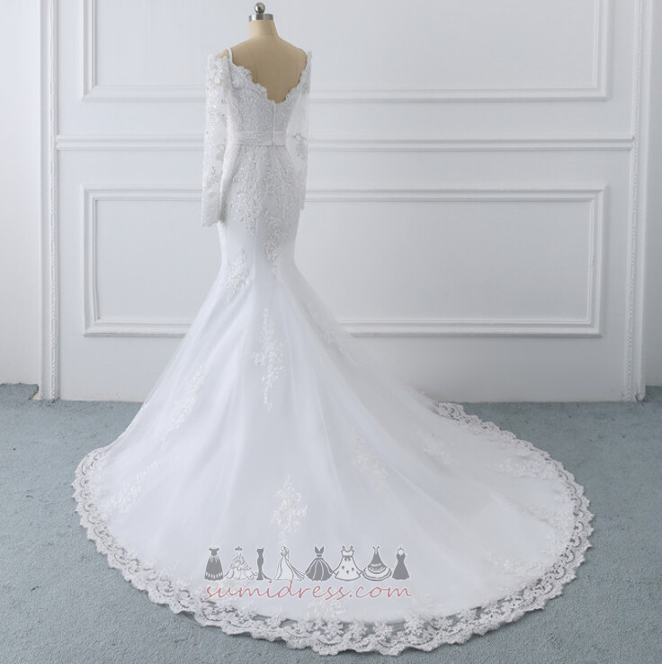 Elegant Tulle Zipper Up Deep v-Neck Illusion Sleeves Mermaid Wedding Dress