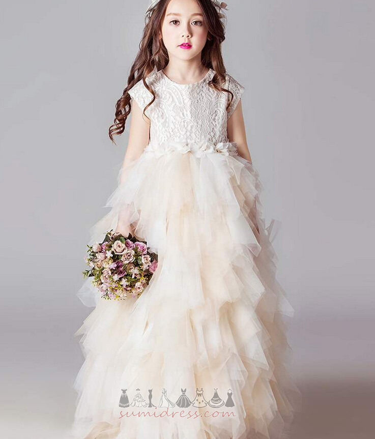 Elegante Avkortet ermer Flerlags Gulvlengde A-formet Lace Blomsterpike kjole