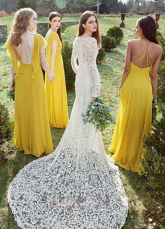 Elegante V-nek Natuurlijk Kriskras Korte Mouwen Lang Bruidsmeisje jurk