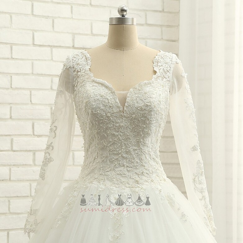 Elegantiškas Nėriniai-up Iliuzija rankovėmis V-kaklo Tiulis Linija Vestuvinės suknelė