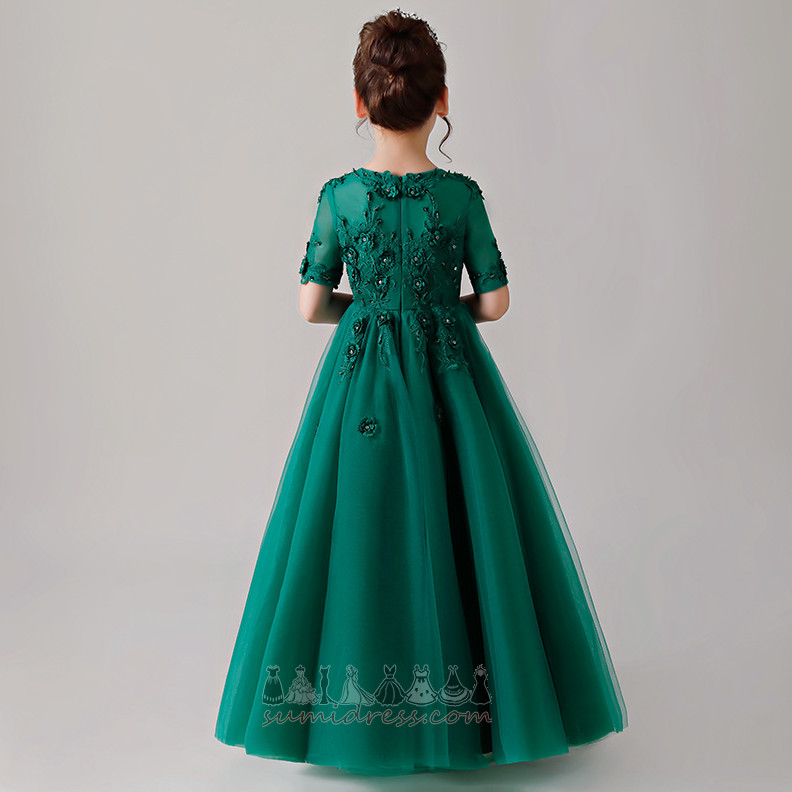 Embroidery Accented Rosette Zipper Up Elegant Wedding Satin Flower Girl Dress