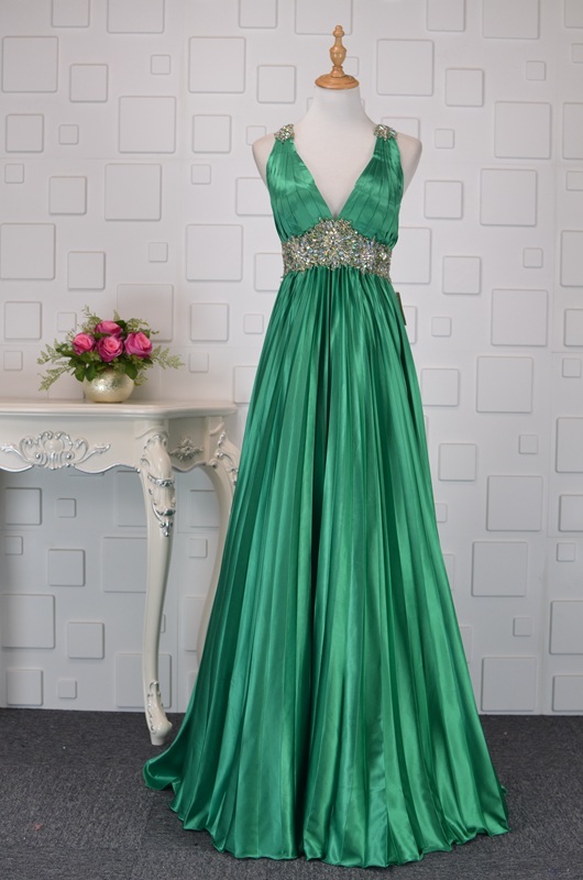 Empire Waist Elastic Satin Elegant Beading Backless Floor Length Prom Dress