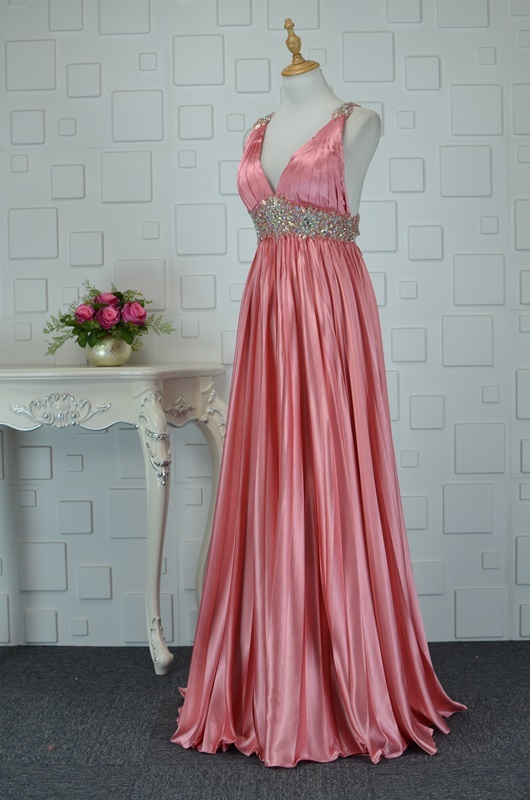Empire Waist Elastic Satin Elegant Beading Backless Floor Length Prom Dress