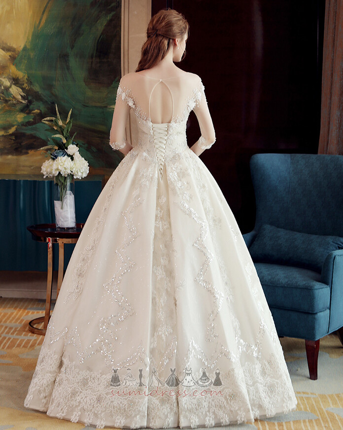 Fall Bateau Illusion Sleeves Lace-up A-Line Satin Wedding Dress