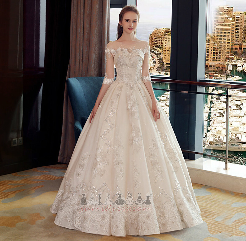 Fall Bateau Illusion Sleeves Lace-up A-Line Satin Wedding Dress