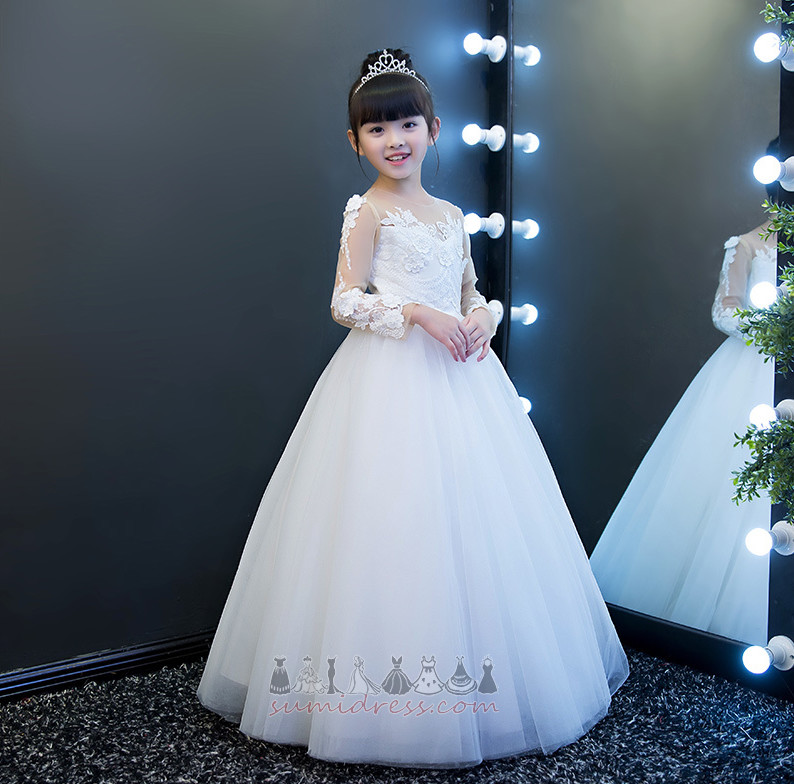 Fall Lace Illusion Sleeves Natural Waist Formal Ankle Length Flower Girl Dress