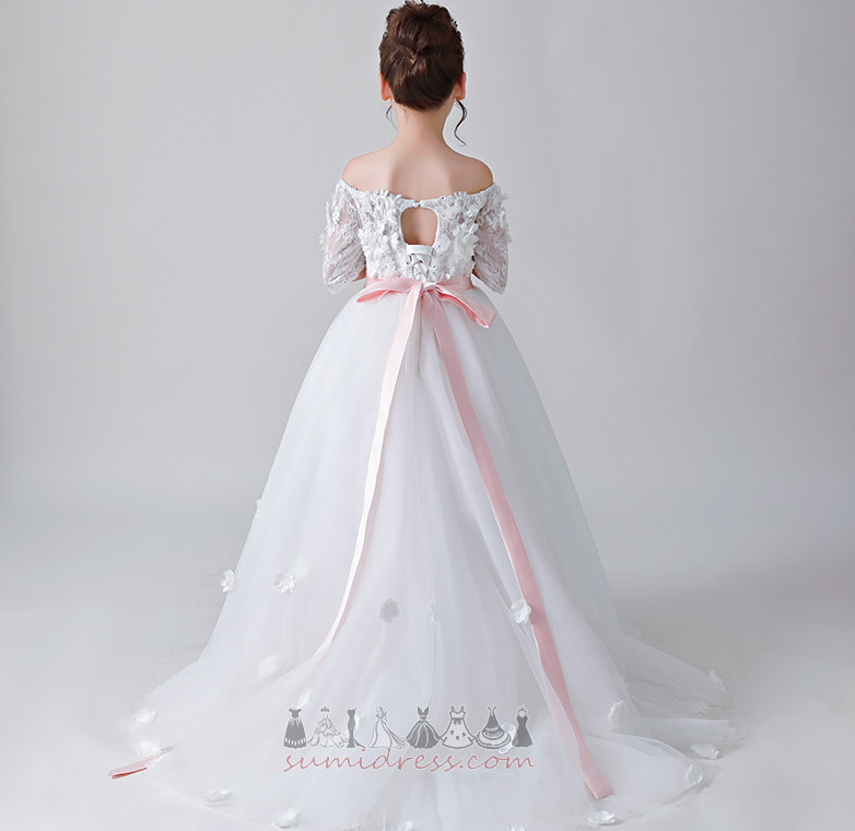 Fall Natural Waist Formal Accented Rosette Illusion Sleeves Ceremony Flower Girl Dress