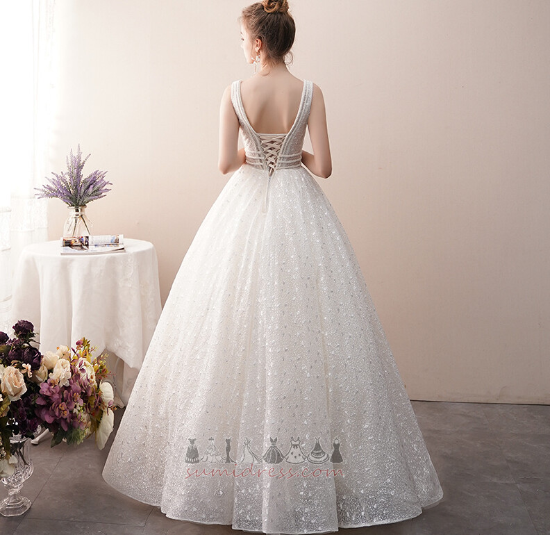 Fall Sleeveless Natural Waist Lace V-Neck Lace Wedding Dress