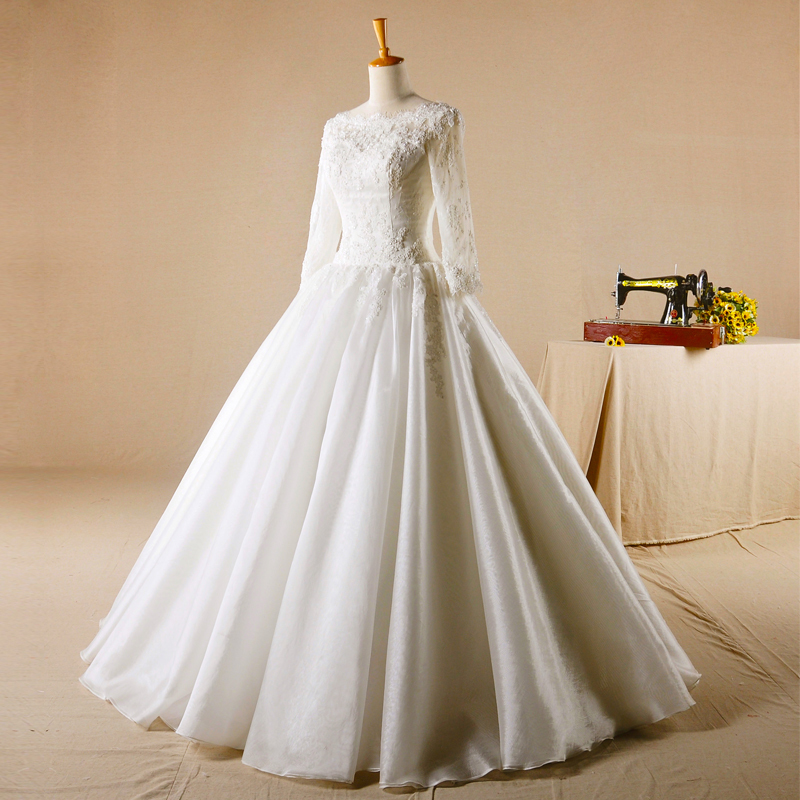 Floor Length A-Line Zipper Up Sweep Train Long Sleeves Fall Wedding Dress