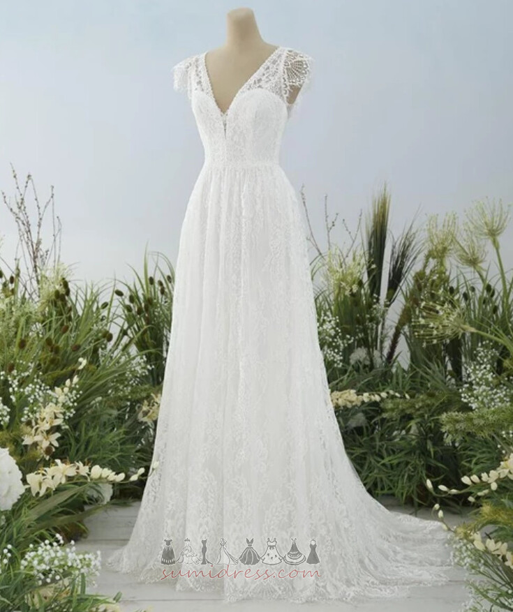 Floor Length Backless Natural Waist Deep v-Neck Lace Satin Wedding Dress