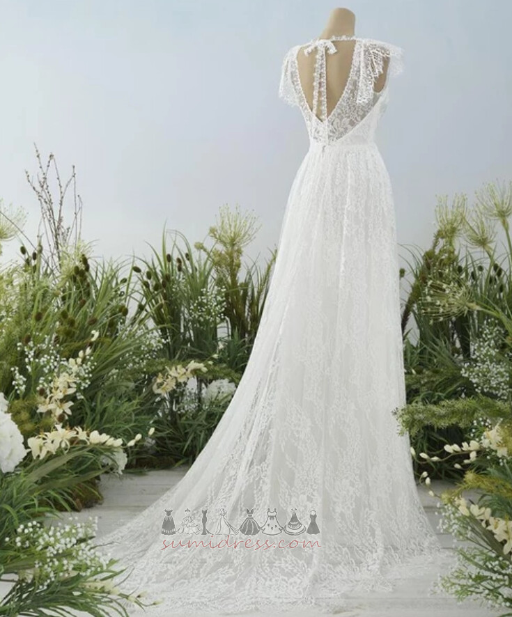Floor Length Backless Natural Waist Deep v-Neck Lace Satin Wedding Dress