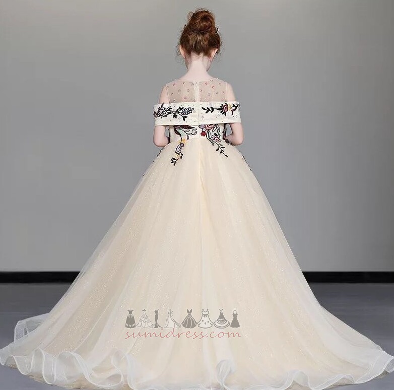 Floor Length Capped Sleeves Multi Layer A-Line Off Shoulder Natural Waist Flower Girl Dress