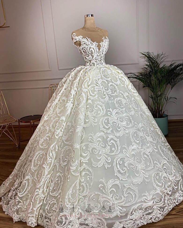 Floor Length Court Train Applique Winter Natural Waist Satin Wedding Dress