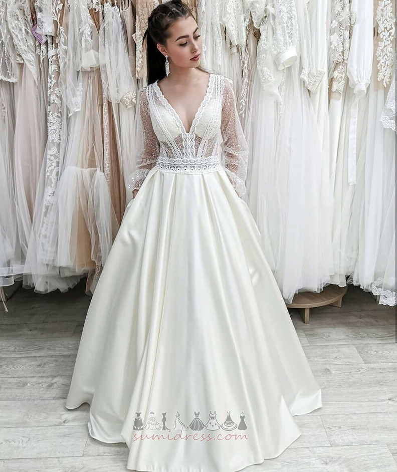 Floor Length Illusion Sleeves See Through Sexy Draped A-Line Wedding Dress