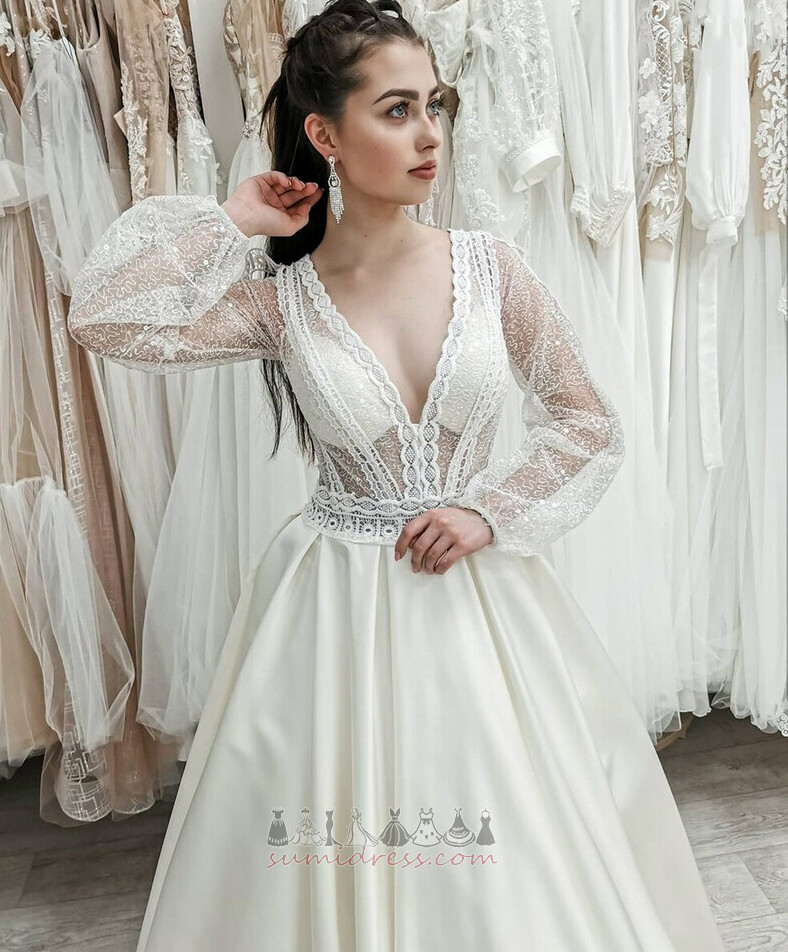 Floor Length Illusion Sleeves See Through Sexy Draped A-Line Wedding Dress