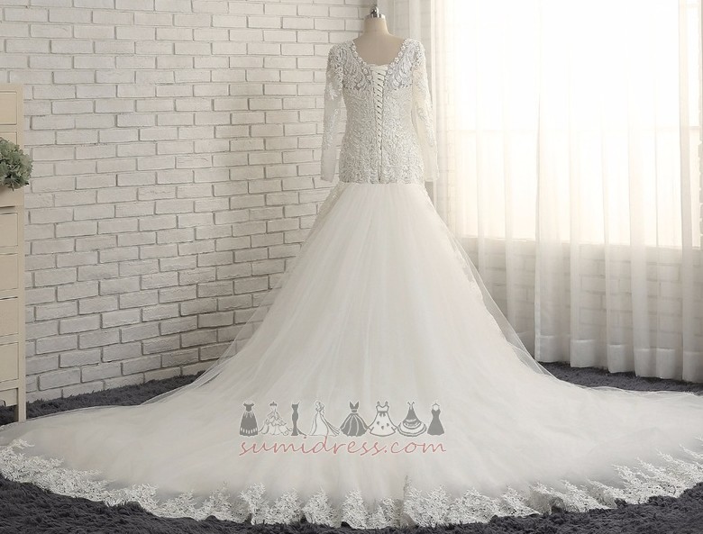 Floor Length Medium Summer V-Neck Watteau Train Tulle Wedding Dress