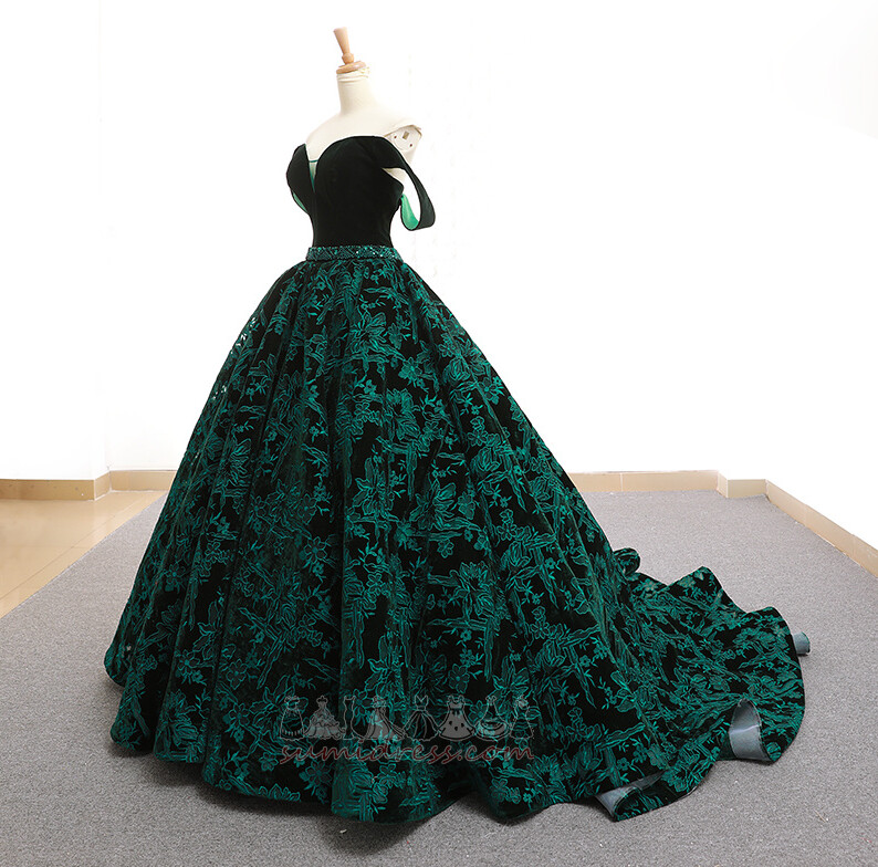 Floor Length Off Shoulder Lace Spring Inverted Triangle Zipper Up Prom gown
