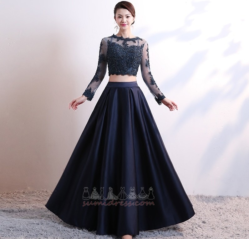 Floor Length Satin Inverted Triangle Jewel banquet Illusion Sleeves Prom Dress