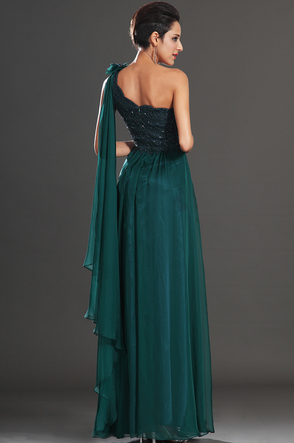 Floor Length Sheath Jewel Bodice Draped One Shoulder Lace Evening Dress
