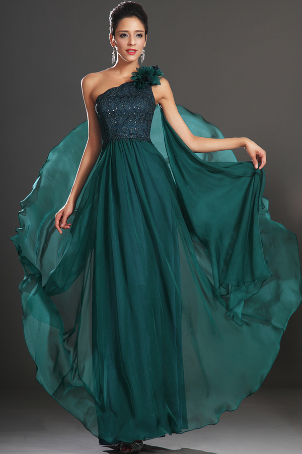 Floor Length Sheath Jewel Bodice Draped One Shoulder Lace Evening Dress
