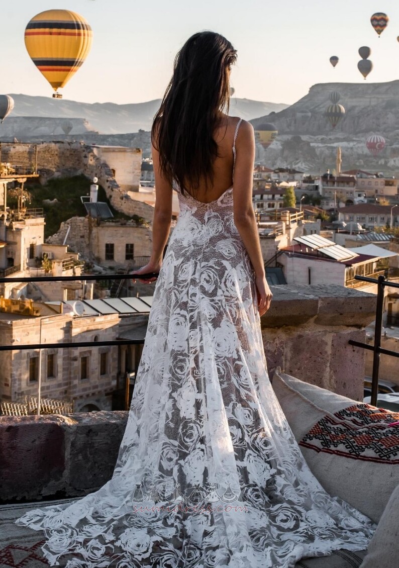 Floor Length Sleeveless Deep v-Neck A-Line Lace Lace Wedding Dress