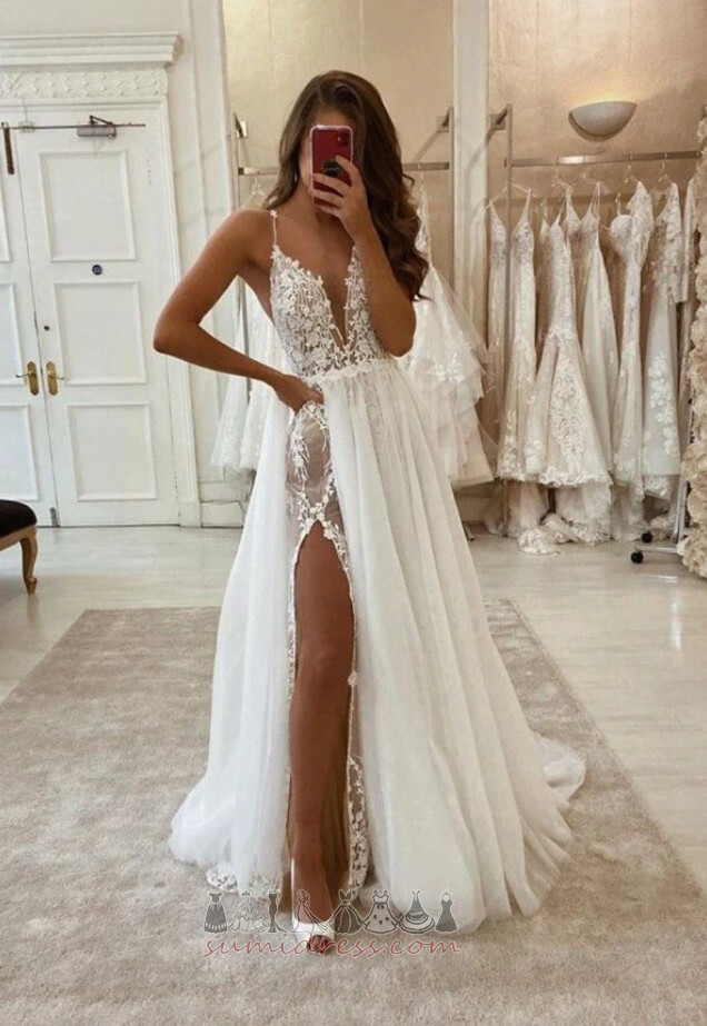 Floor Length Split Front Natural Waist V-Neck Zipper Up Sleeveless Wedding Dress