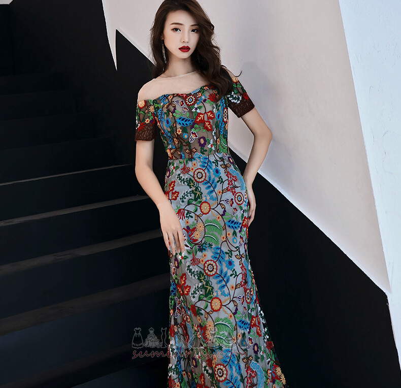 Floor Length Sweep Train Lace Overlay Elegant Zipper Up A-Line Evening Dress