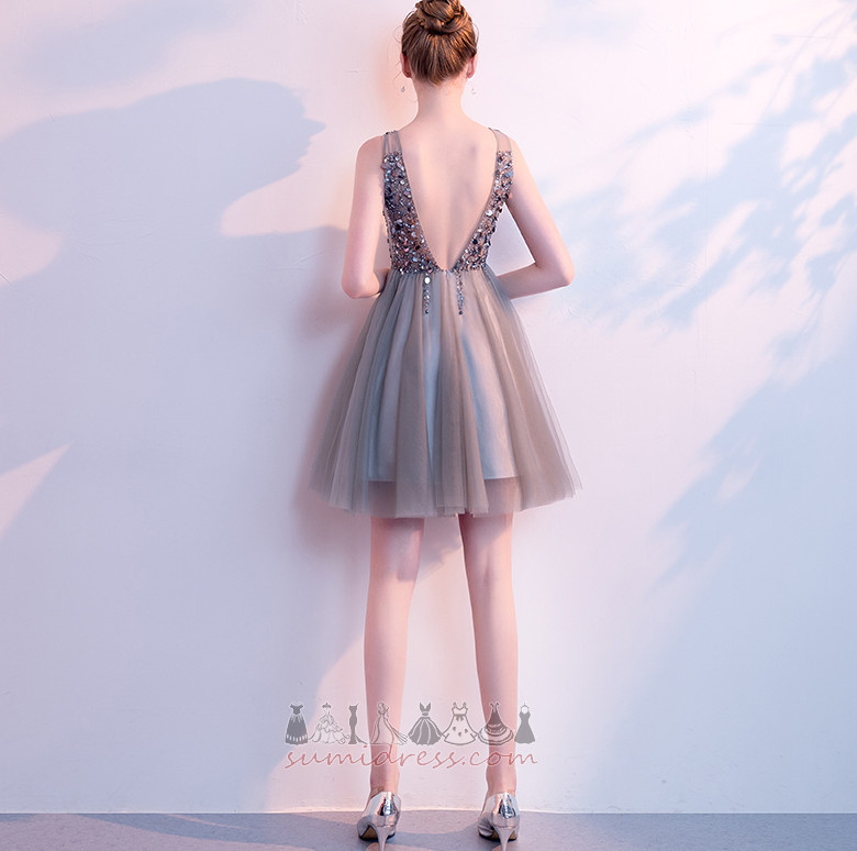 φόρεμα κοκτέιλ Λαιμόκοψη V Χάντρες Τούλι Φυσικό Αμάνικο Γραμμή Α