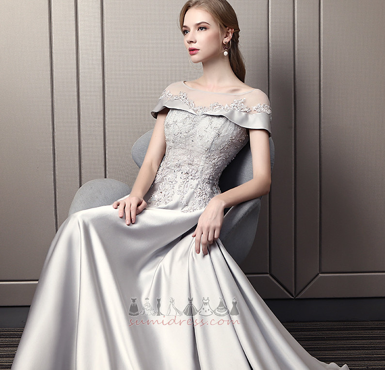 Formal Applique Sweep Train Capped Sleeves A-Line Satin Evening Dress