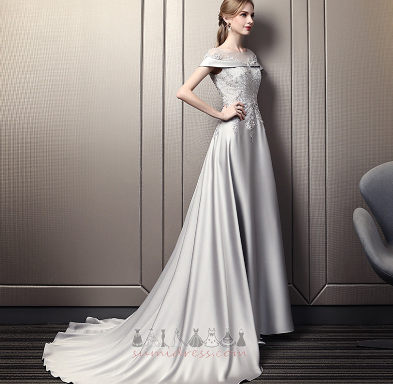 Formal Applique Sweep Train Capped Sleeves A-Line Satin Evening Dress