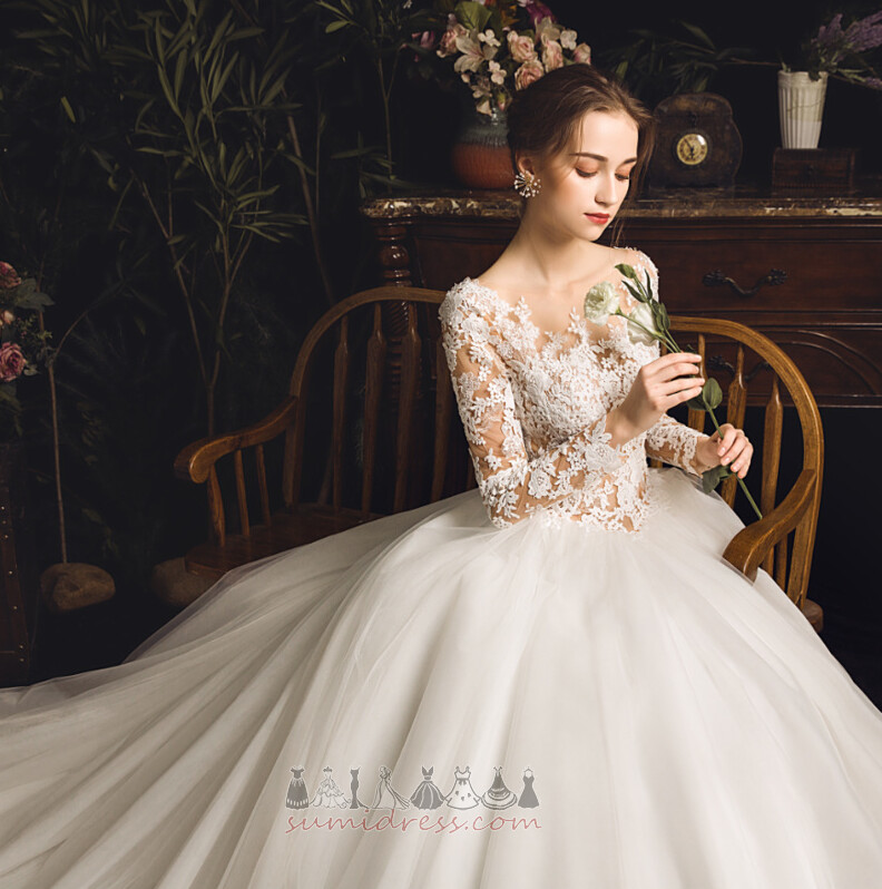 Formal Bateau Fall Natural Waist Lace-up A-Line Wedding Dress