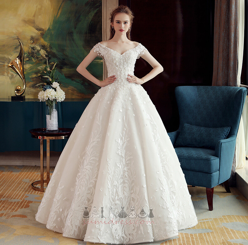 Formal Floor Length Fall Beading Inverted Triangle V-Neck Wedding Dress
