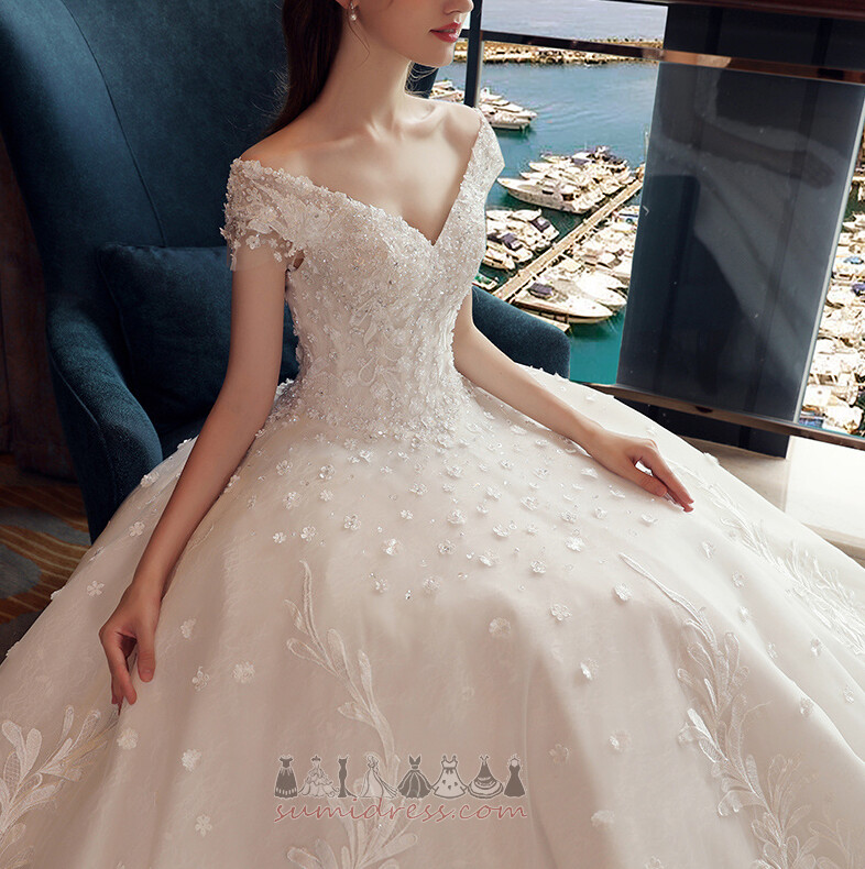 Formal Floor Length Fall Beading Inverted Triangle V-Neck Wedding Dress