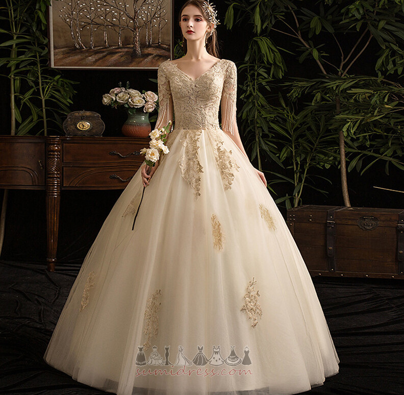 Formal Floor Length Inverted Triangle Short Sleeves V-Neck Applique Wedding Dress